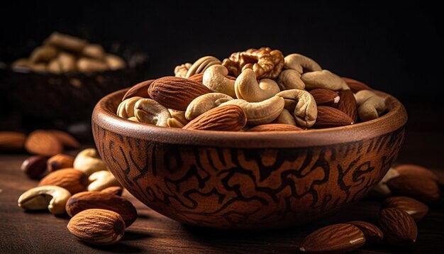 Nutty snack bowl almonds cashews walnuts pecans generated by AI
