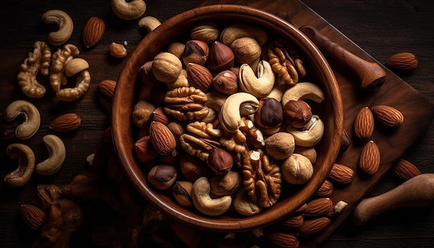 Nutty snack bowl cashews almonds hazelnuts walnuts generated by AI