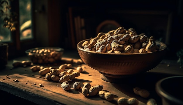 Nutty snacks in wooden bowl rustic refreshment generated by AI