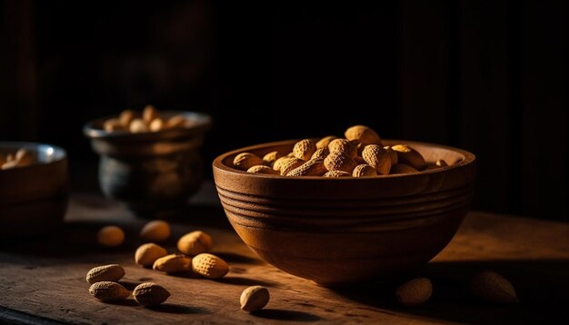 Nutty snacks in wooden bowl on table generated by AI