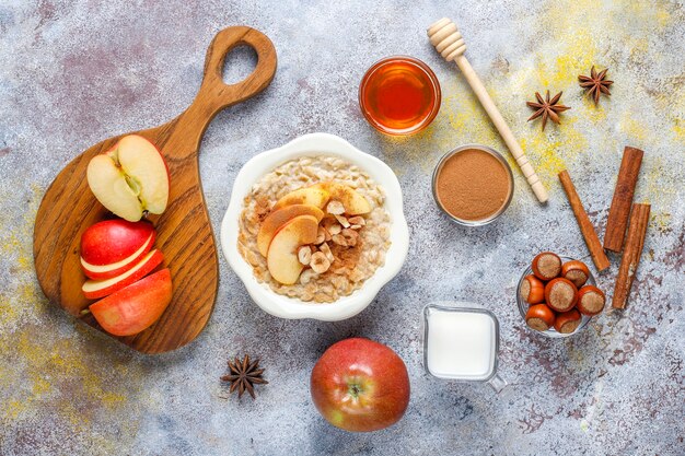 Oatmeal porridge with apples and cinnamon.