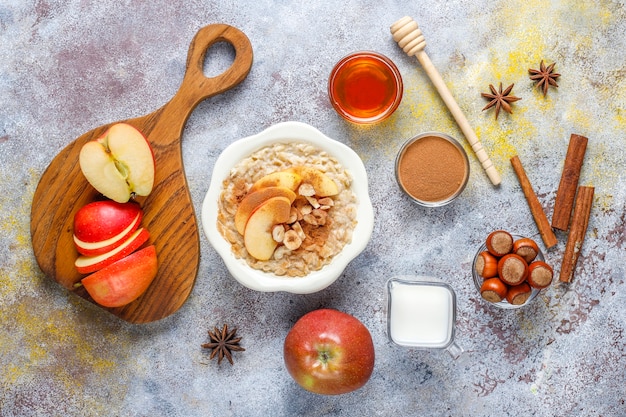 Oatmeal porridge with apples and cinnamon.