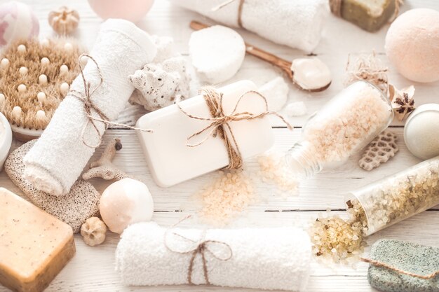 objects Spa on a light wooden background