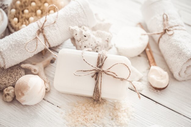 objects Spa on a light wooden background