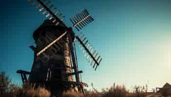 無料写真 日没に照らされた廃れた風車のシルエット、ai によって生成された歴史的ランドマーク