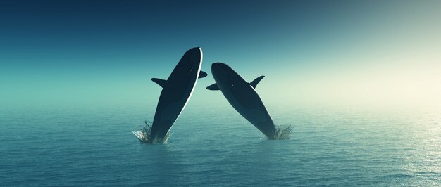 3D визуализации двух китов, прыжки в море