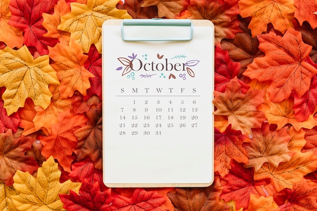 Foto gratuita calendario di ottobre sulle foglie d'autunno