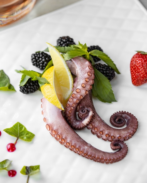 Free photo octopus legs with lemon,mint and berries.