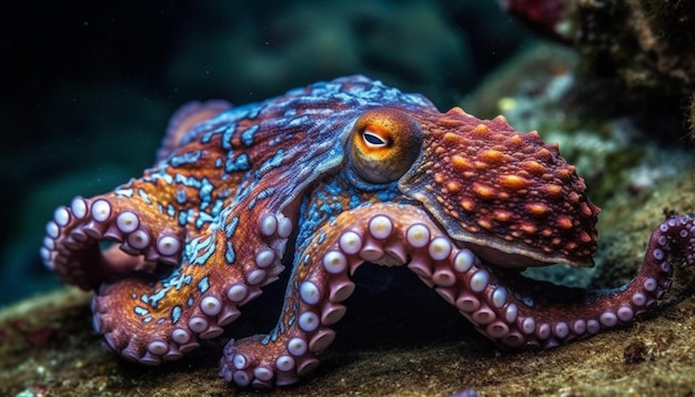 Octopus tentacle in underwater reef generated by AI