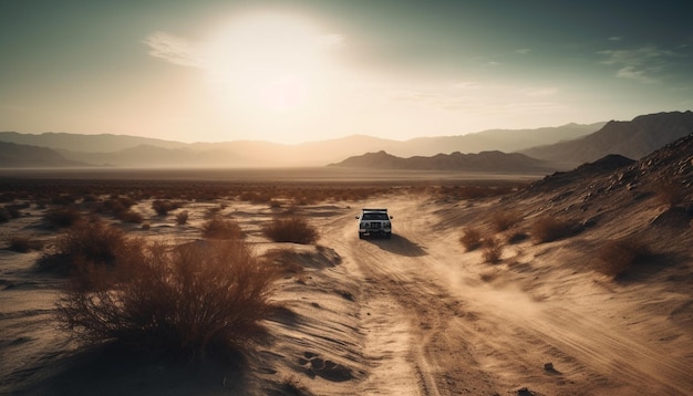 Off road vehicle speeds through dust covered mountain range generated by AI