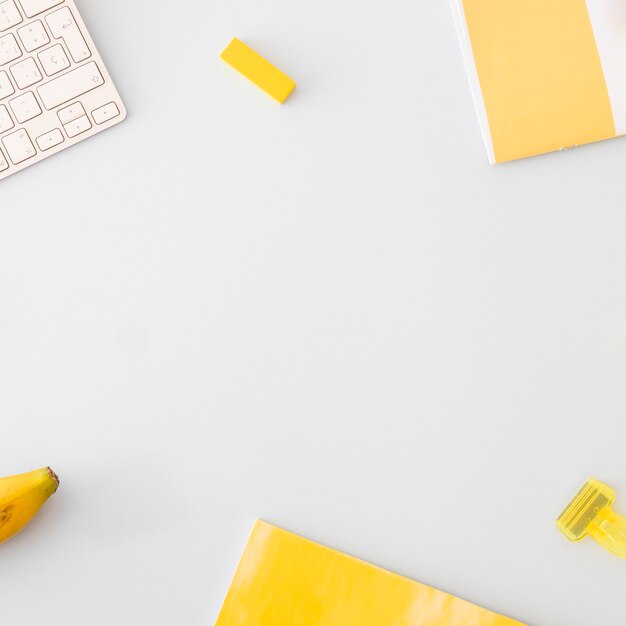 Office accessories scattered on table