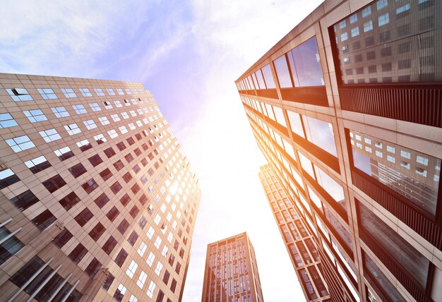 Office building view from above at sunset