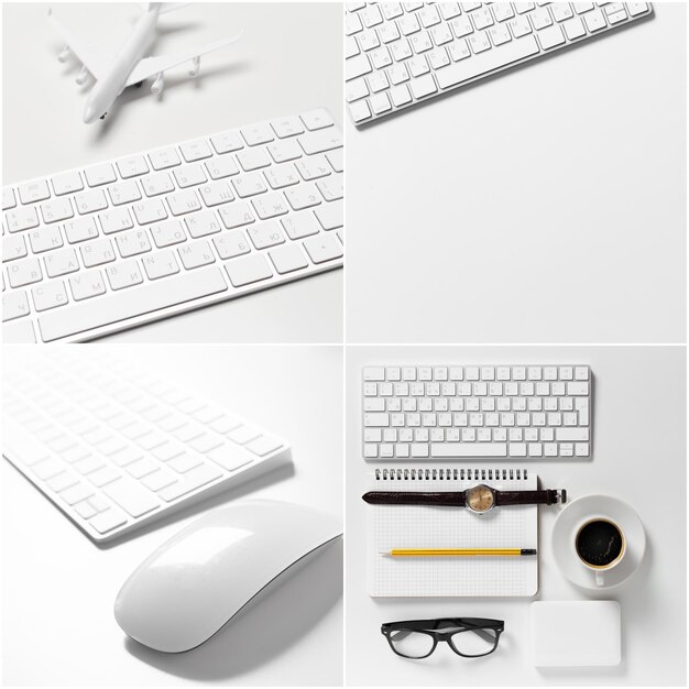 Office desk table with computer supplies and coffee cup