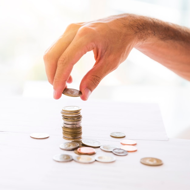 Office desktop with stacked coins