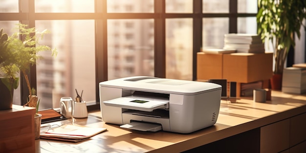 An office printer among documents and productivity tools