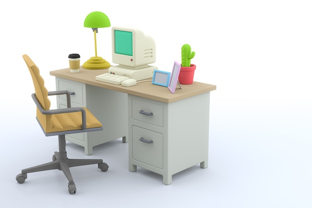 白い​背景​の​机​、​コンピューター​、​椅子​、​3​d​レンダリング​の​オフィス​ルーム