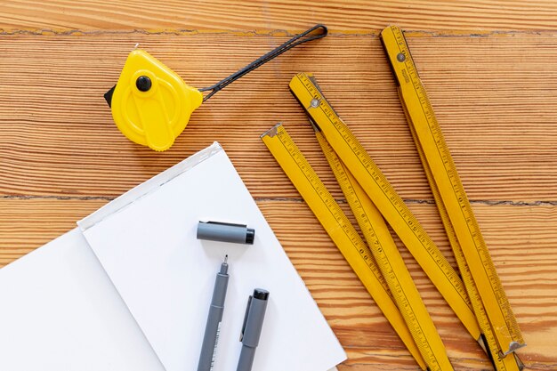 Office stationery on wooden background