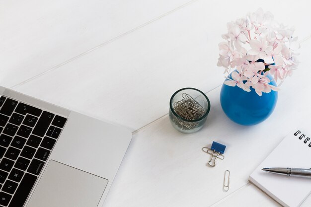 Office stuff and potted flowers on table