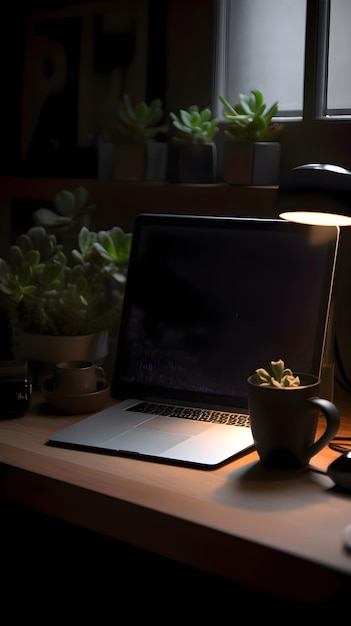 Free photo office workplace with laptop and coffee cup on wooden desk in dark room