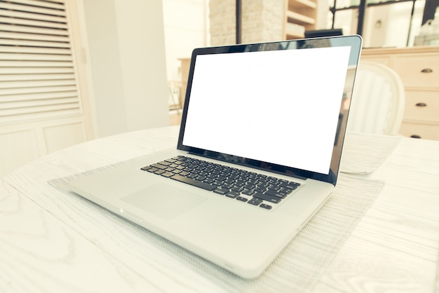 Office workplace with open laptop mockup tablet 