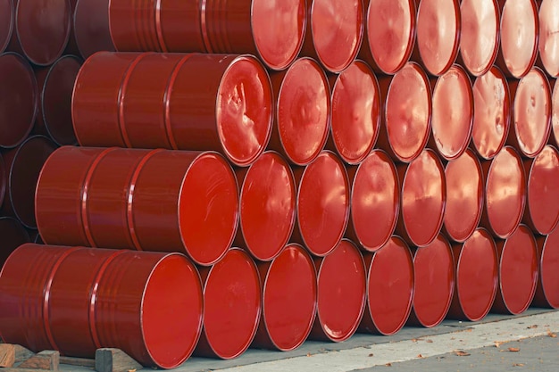 Нефтяные бочки красные или химические барабаны сложены друг на друга