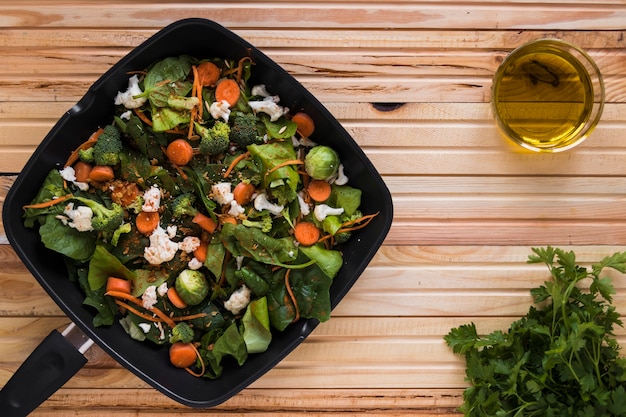 Oil near frying pan with vegetables