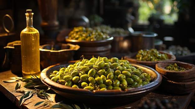 Foto gratuita frangitura dell'olio in una fattoria. idea pubblicitaria per olio vergine puro e olive sulla tavola provenienti da una fattoria tradizionale