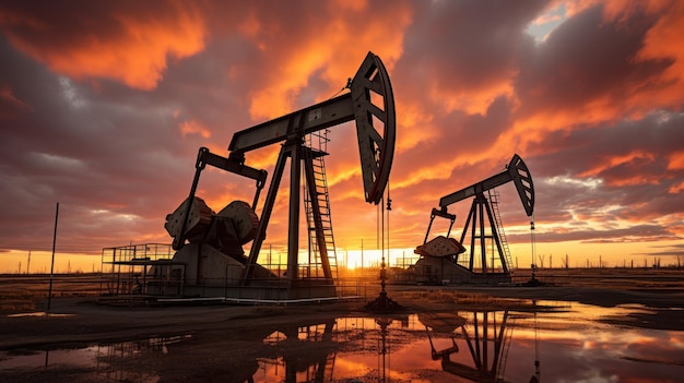 Free photo oil pumps work rhythmically against the backdrop of dusky sky