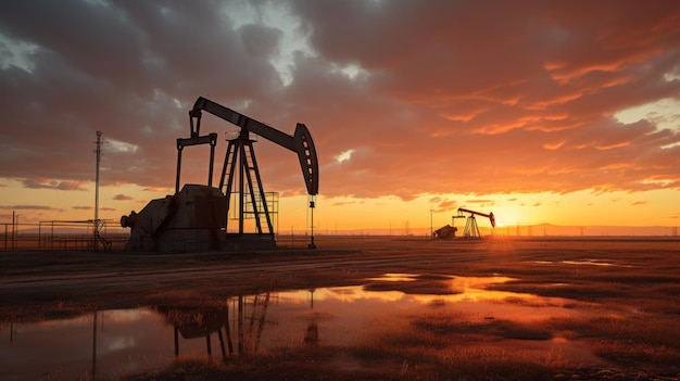 Free photo oil pumps work rhythmically against the backdrop of dusky sky