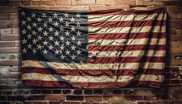 Old American flag on grungy brick wall generated by AI