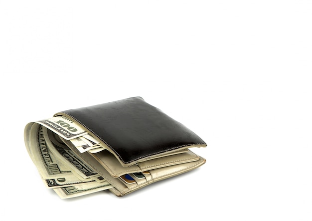 Old black wallet with dollar  isolated on white background