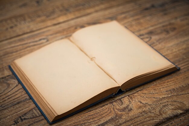 Old book open on a wooden table