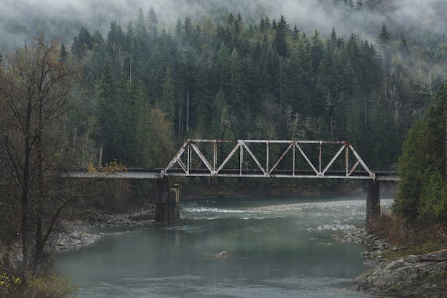 Old bridge over a river in the forest on a cold cloudy day