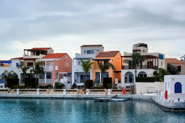 Old Buildings in a port in the evening