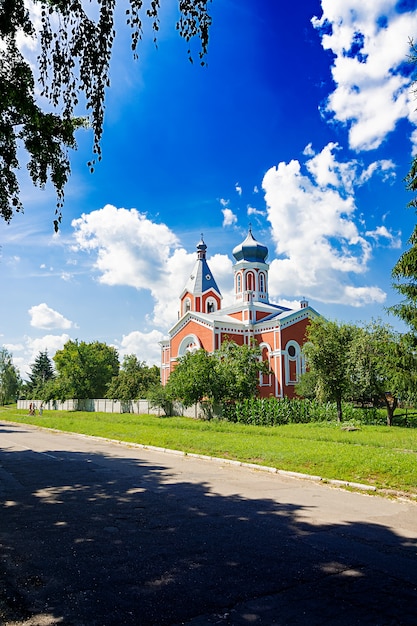 Old church on a blue sky background. Beautiful landscape