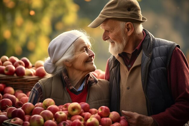 Free photo an old couple collecting apples harvest fall season beautiful