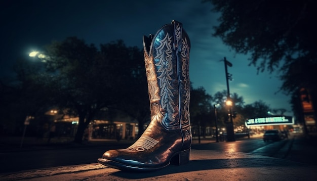 Free photo old cowboy boot walking through nature twilight generated by ai