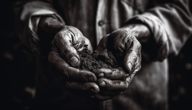 Руки старого фермера держат грязный рост природы, созданный ИИ