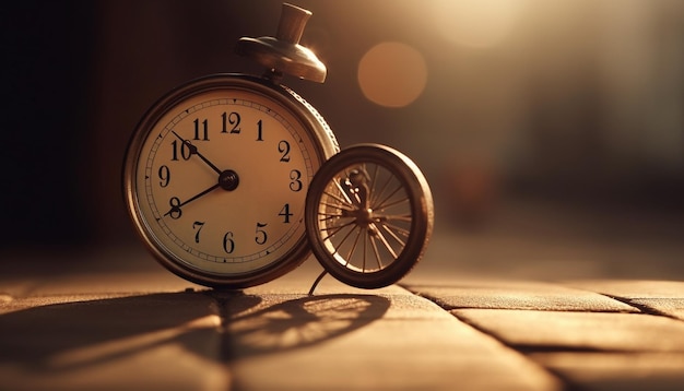 Бесплатное фото Старомодный будильник будит спящее солнце с помощью генеративного ии