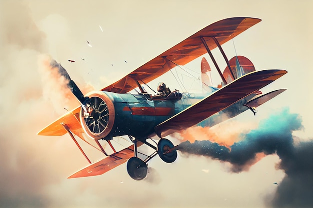 An old fashioned biplane performing a stunt mid air generative AI