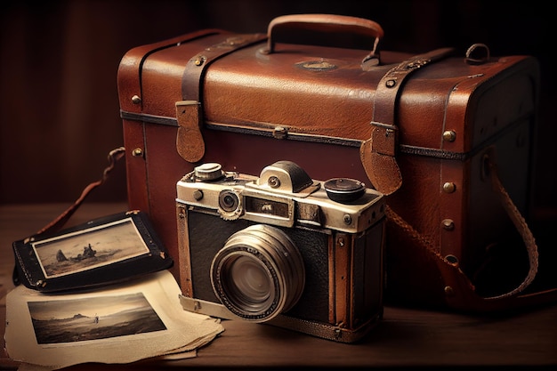 Old fashioned camera and leather suitcase exude nostalgia generative AI