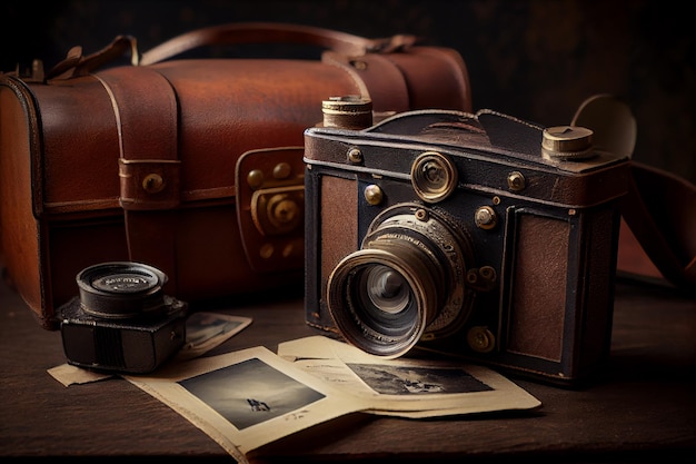 Free photo old fashioned camera and leather suitcase on wooden table generative ai