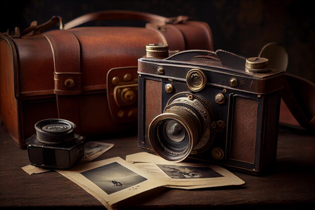 Old fashioned camera and leather suitcase on wooden table generative AI