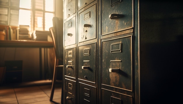 Free photo old fashioned filing cabinet inside modern office shelf generated by ai