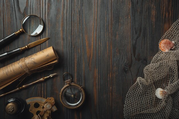 Old fashioned flat lay with letters writing accessories on dark wooden table