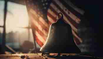 Free photo old fashioned handbell on wooden desk backlit by sunlight generated by ai