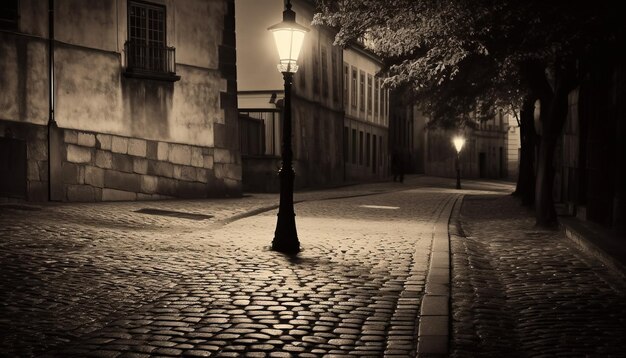 Old fashioned lanterns illuminate the dark city street generated by AI