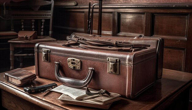AIが生成する懐かしさと冒険に満ちた昔ながらの革製スーツケース