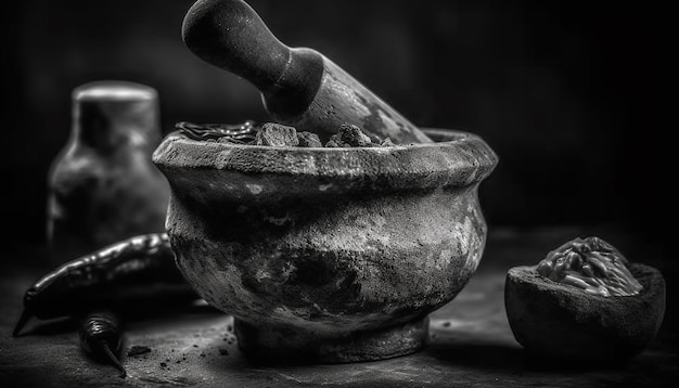 Free photo old fashioned mortar and pestle grinds organic spices for fresh cooking generated by ai