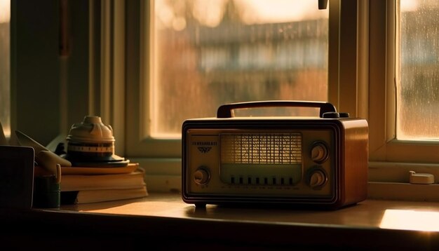 テーブルの上の昔ながらのラジオは、AI によって生成された懐かしさを家にもたらします